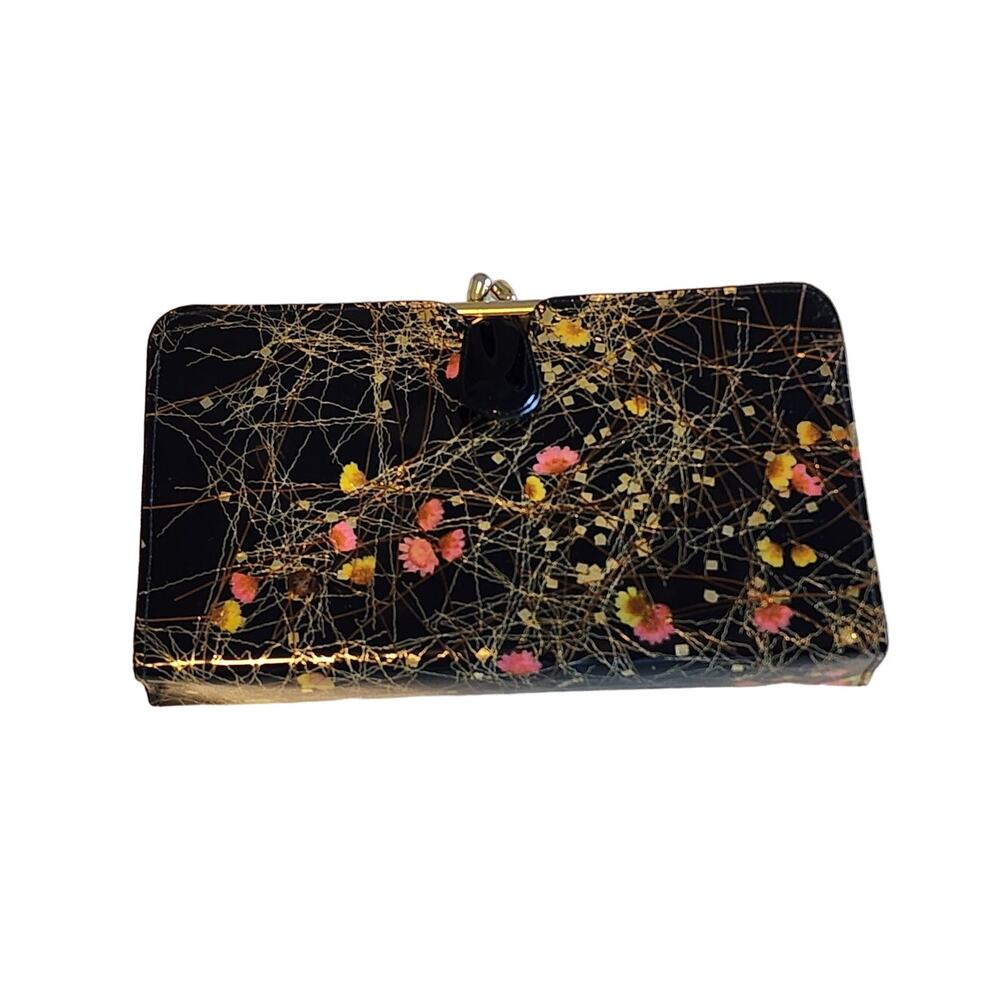 Vintage Black Pressed Flower Kiss Lock Clutch Purse with Removable Cover